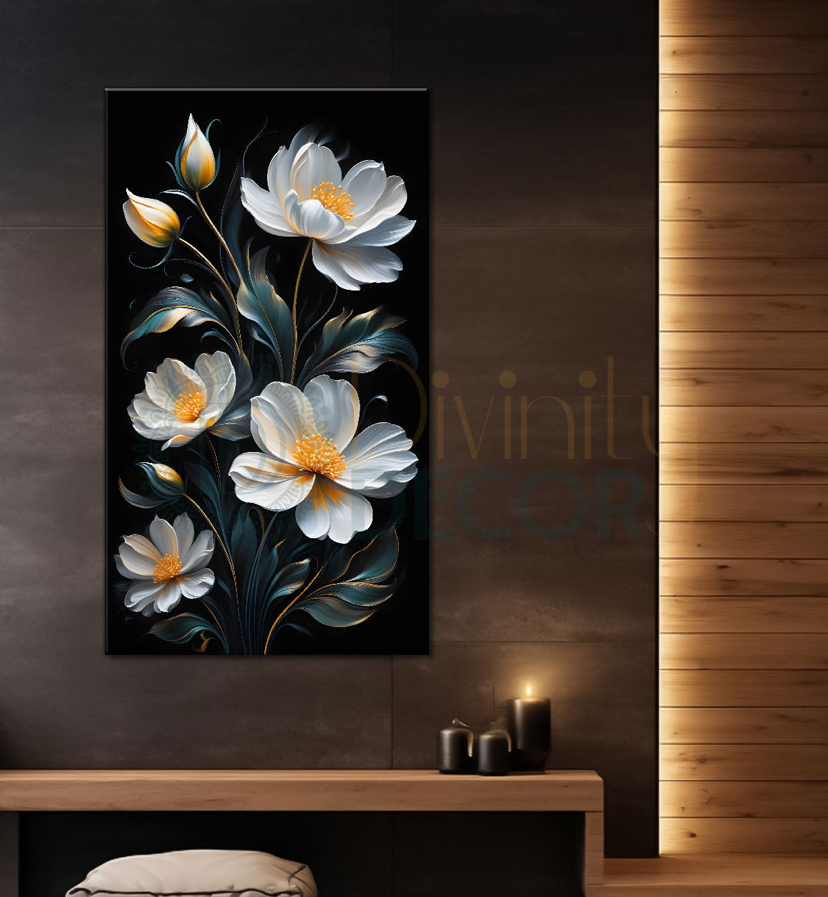 White flowers in dark textured background painting- Flower-V-330
