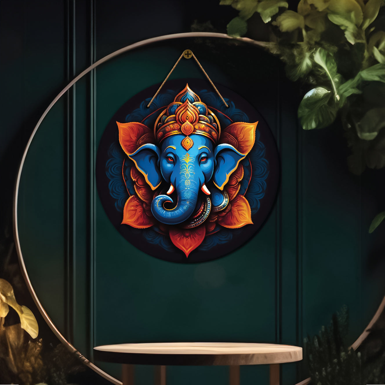 Elephant in blue and yellow mandala Round Wooden Wall Hanging for wall Décor - Design - 330