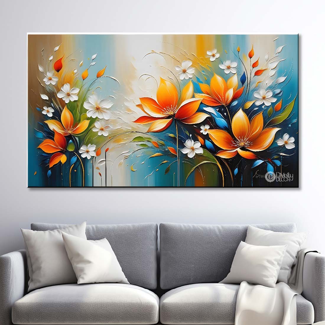 Orange flowers in blue background canvas painting- Flower-331