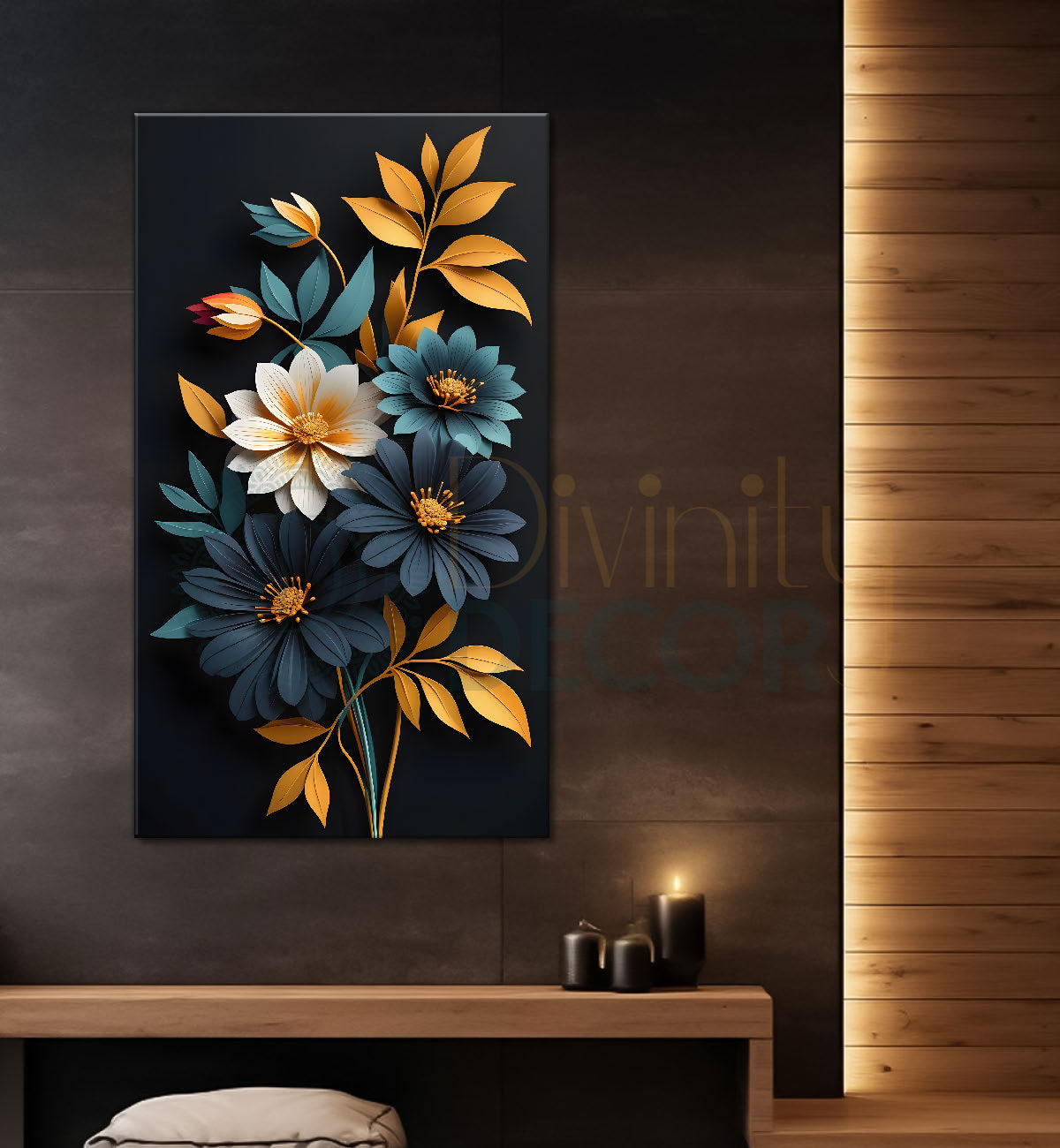 White and blue flowers in black textured painting- Flower-V-331
