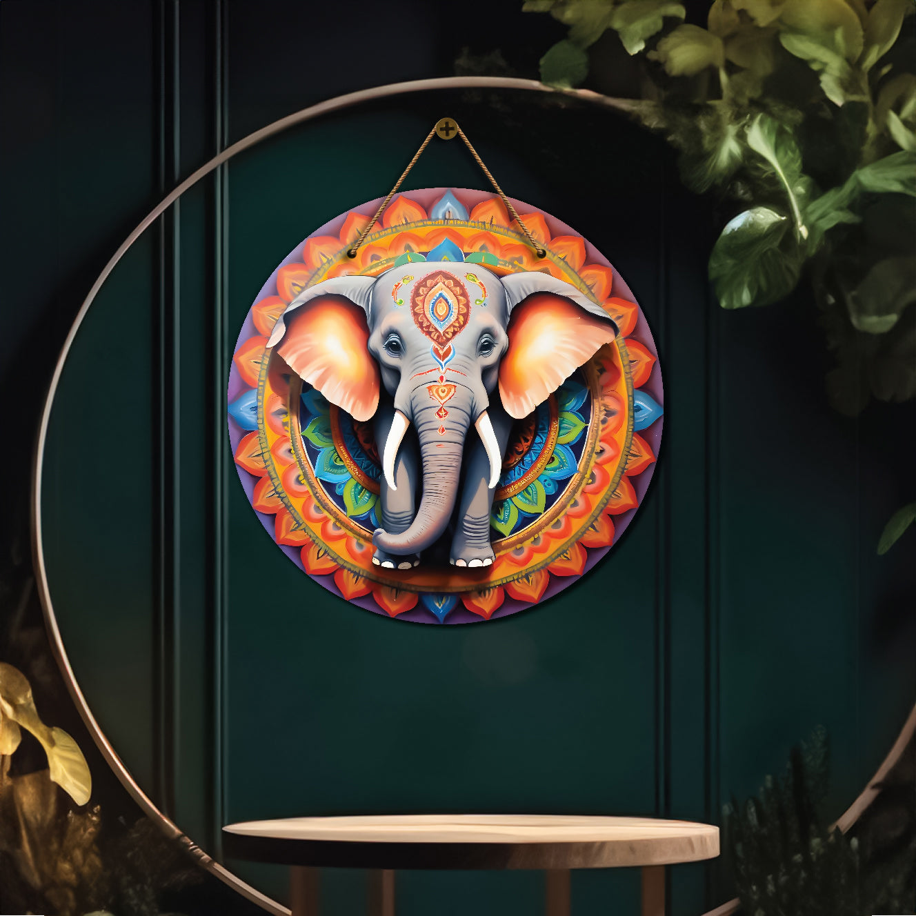 Elephant in grey and orange mandala Round Wooden Wall Hanging for wall Décor - Design - 331