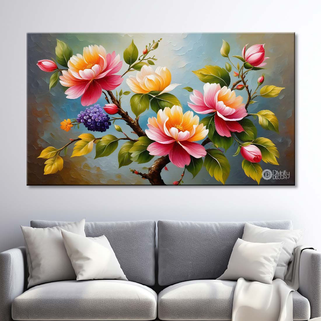 Pink flowers in light background canvas painting- Flower-332