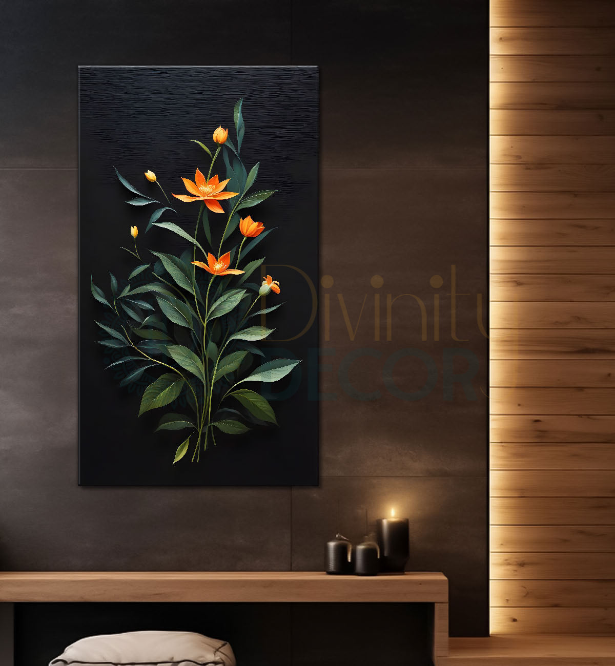Orange flowers in dark textured background painting- Flower-V-332