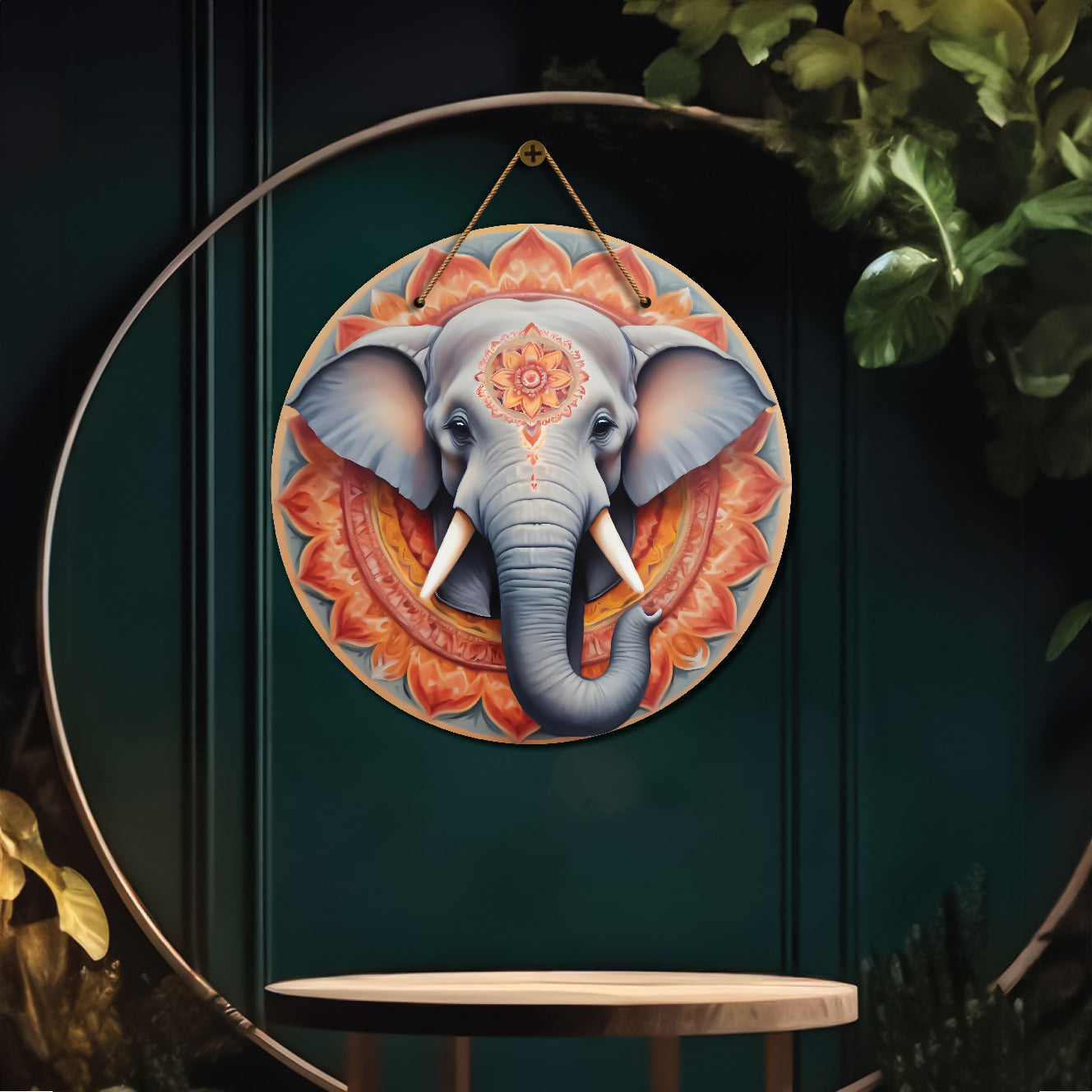 Elephant in grey and orange mandala Round Wooden Wall Hanging for wall Décor - Design - 332