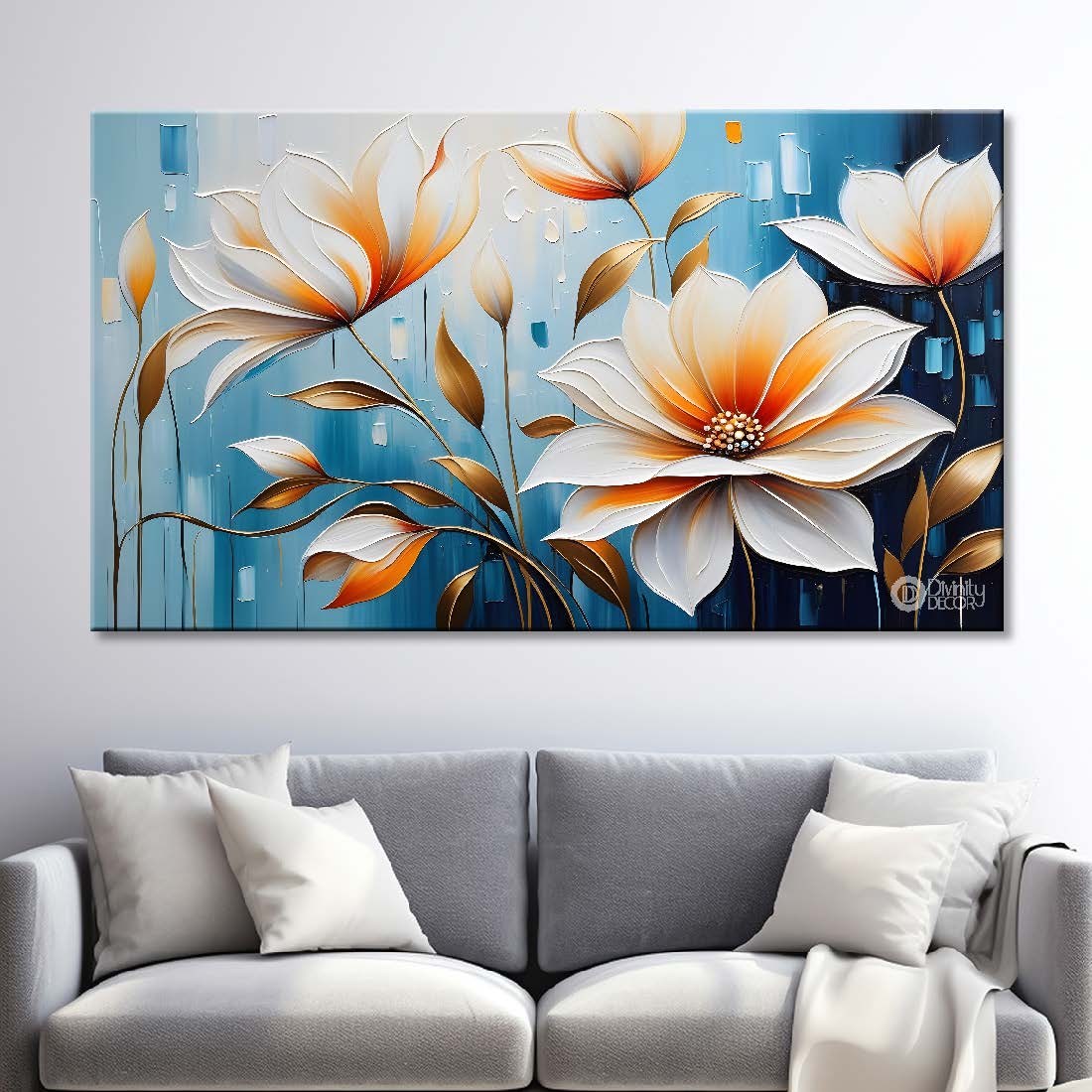 White flowers in blue background canvas painting- Flower-333