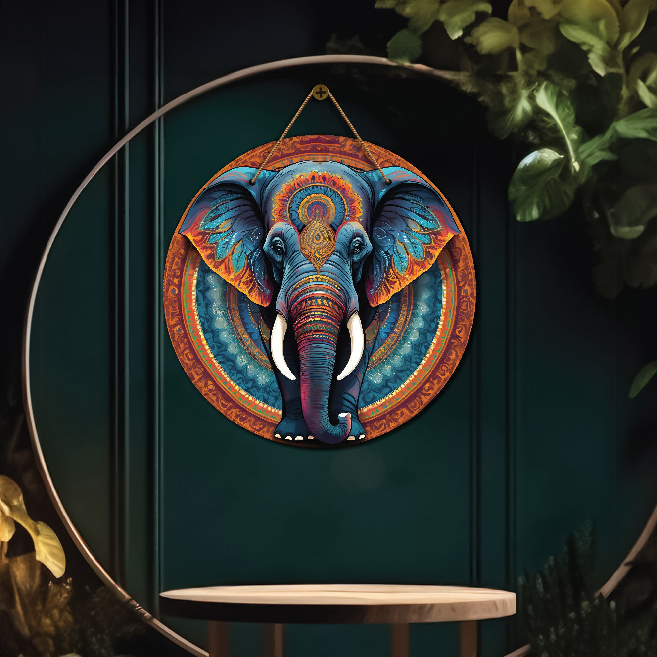 Elephant in blue and brown mandala Round Wooden Wall Hanging for wall Décor - Design - 333