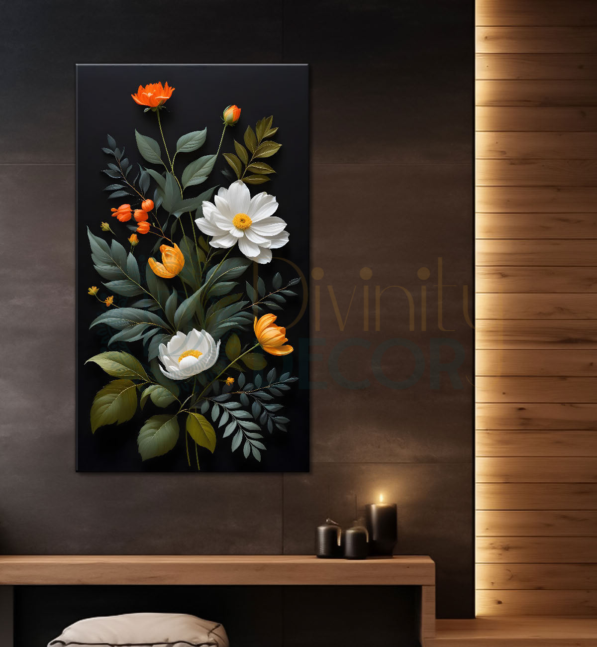 Orange and white flowers in dark textured background painting- Flower-V-333