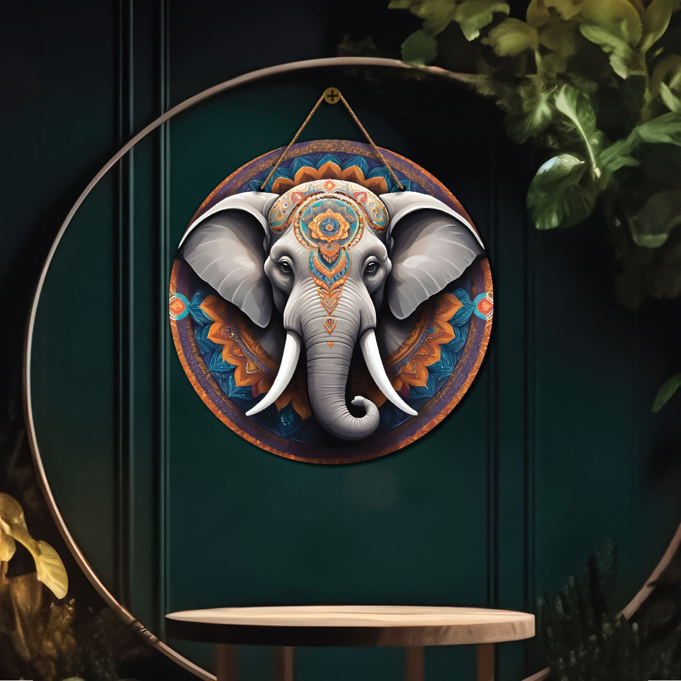 Elephant in grey and blue mandala Round Wooden Wall Hanging for wall Décor - Design - 334