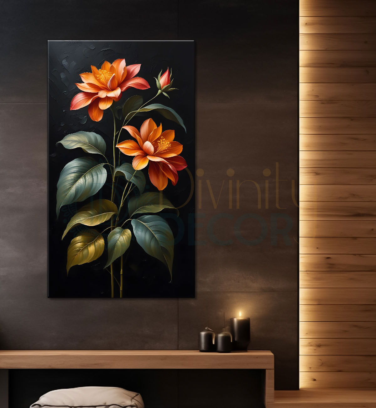 Orange flowers in dark textured background painting- Flower-V-334