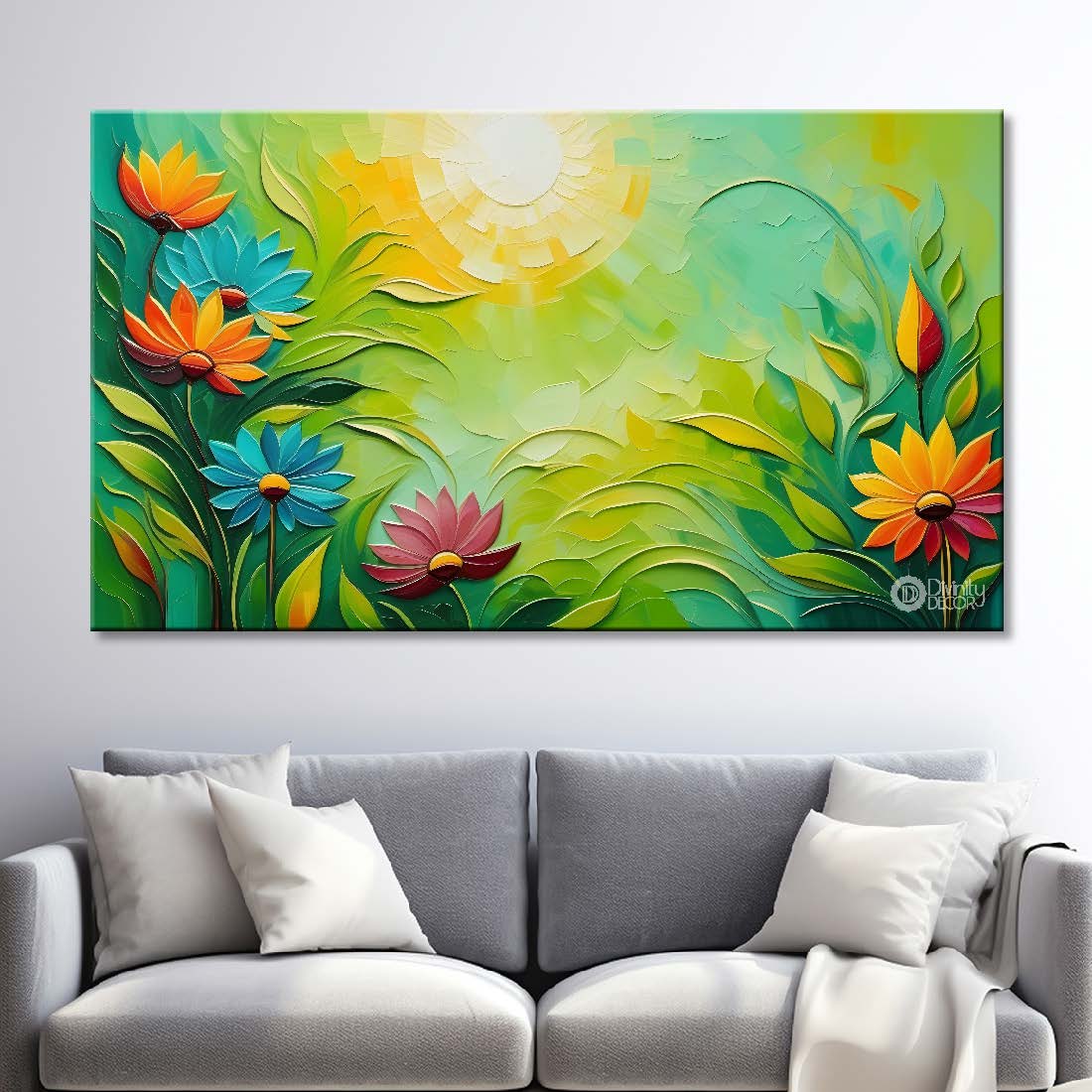 Orange flowers in green background canvas painting- Flower-335