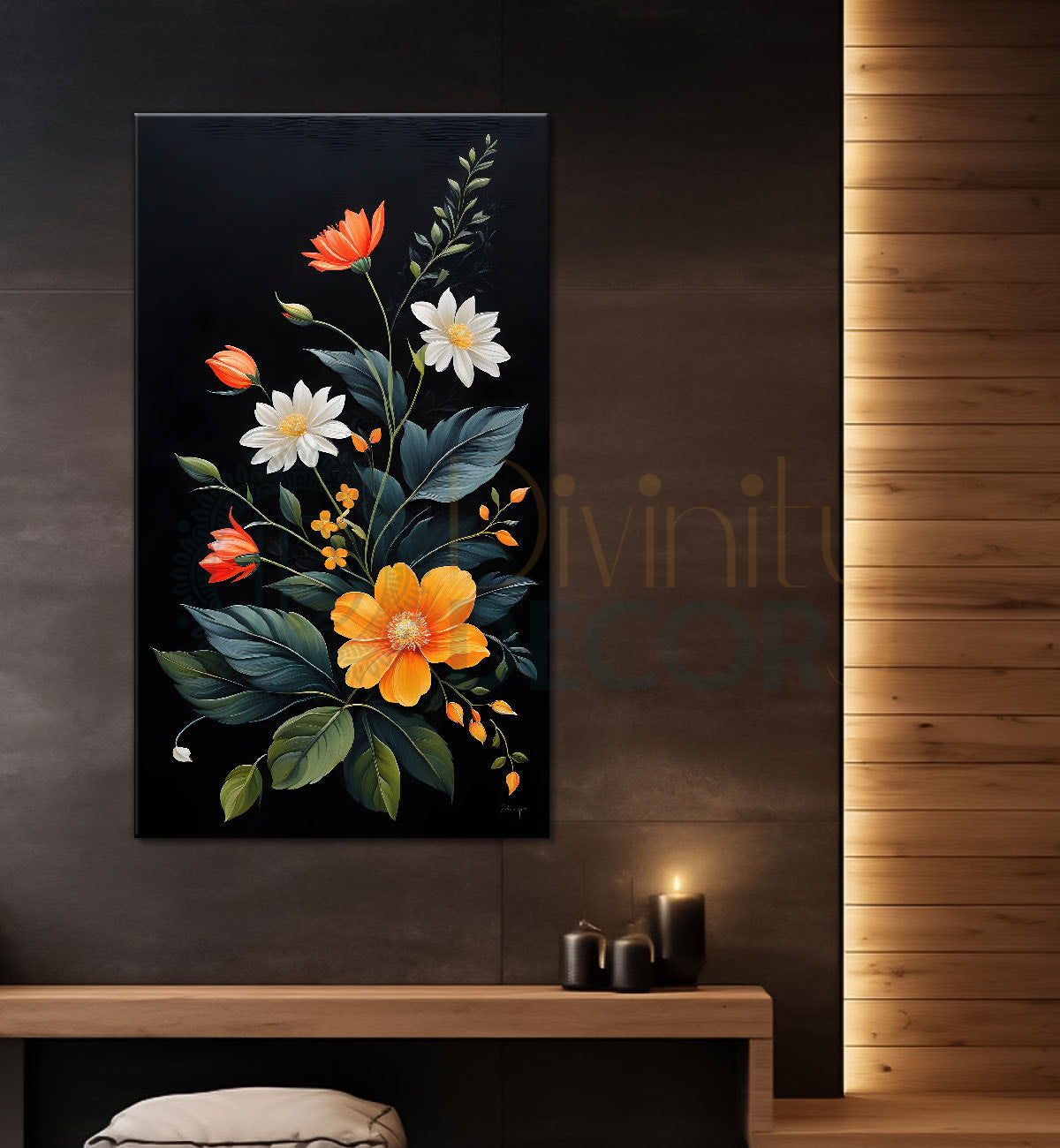 Orange and white flowers in dark textured background painting- Flower-V-335