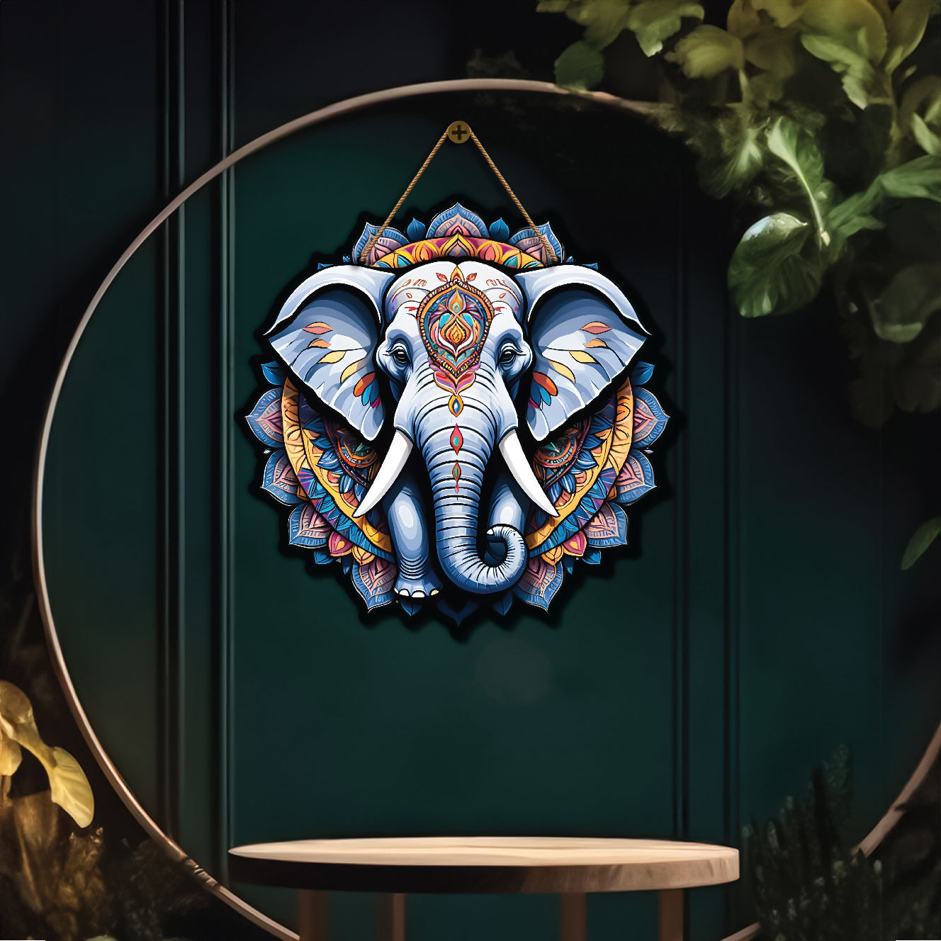 Elephant in grey and blue mandala Round Wooden Wall Hanging for wall Décor - Design - 335