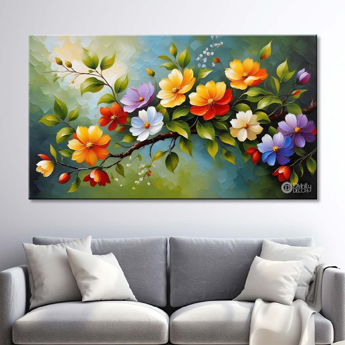 Colorful flowers in blue background canvas painting- Flower-336