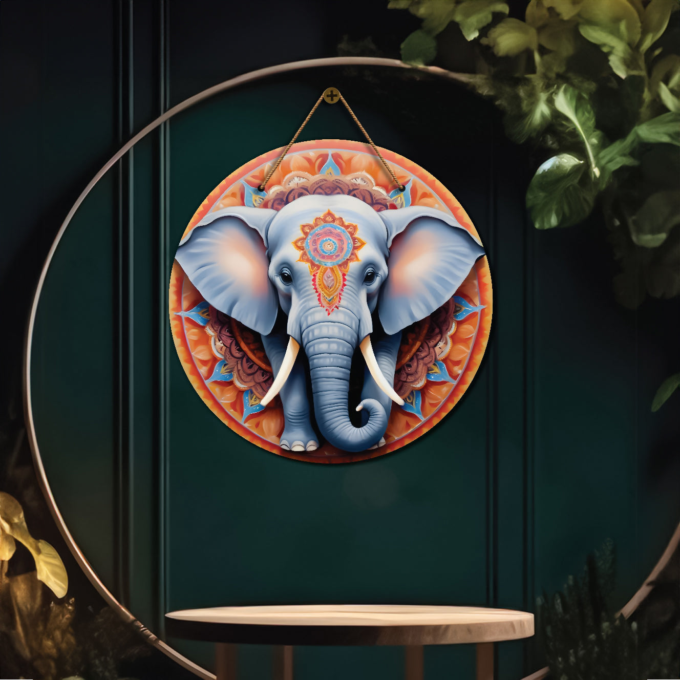 Elephant in grey and orange mandala Round Wooden Wall Hanging for wall Décor - Design - 336