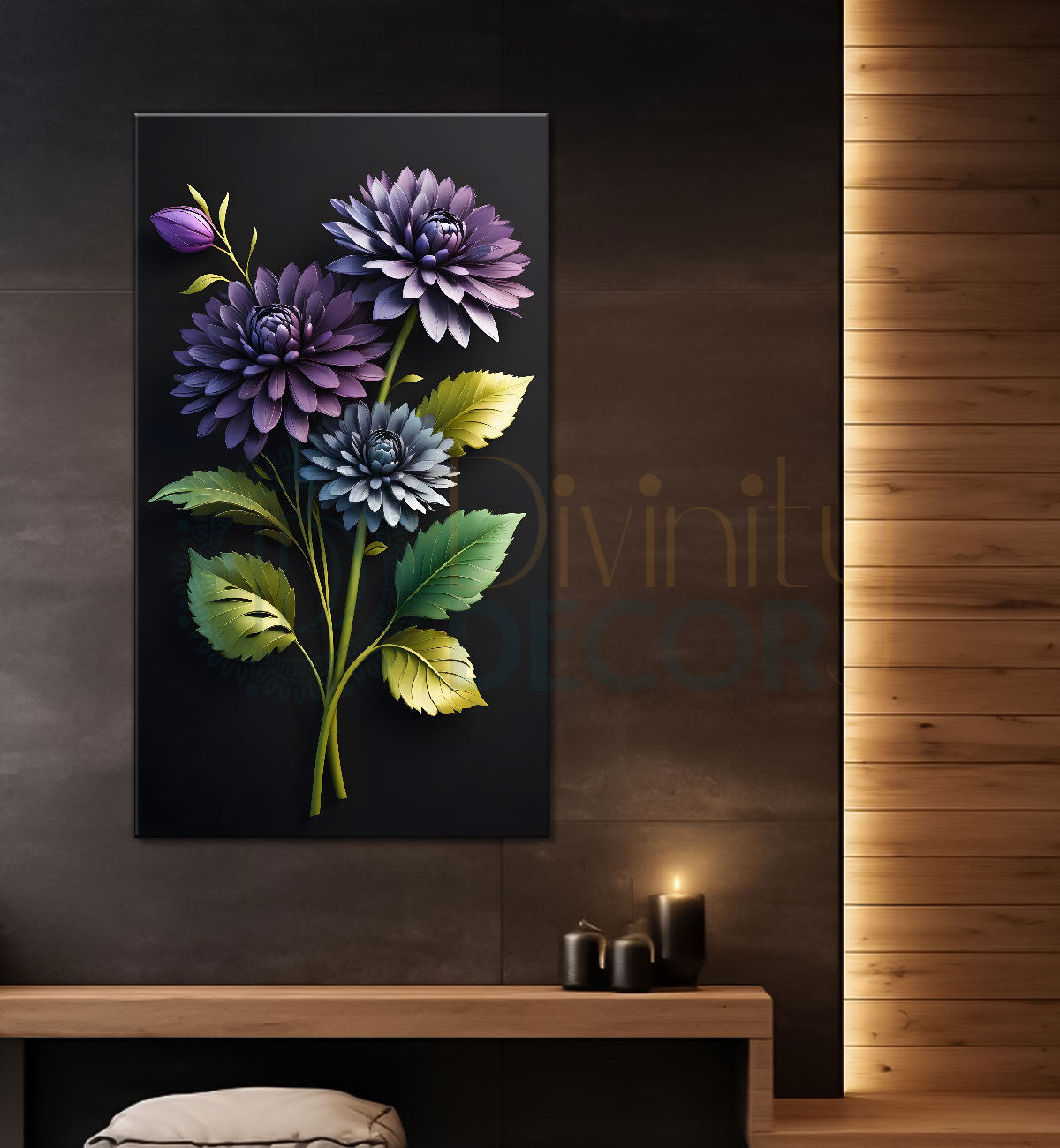 Purple flowers with dark textured background painting- Flower-V-336