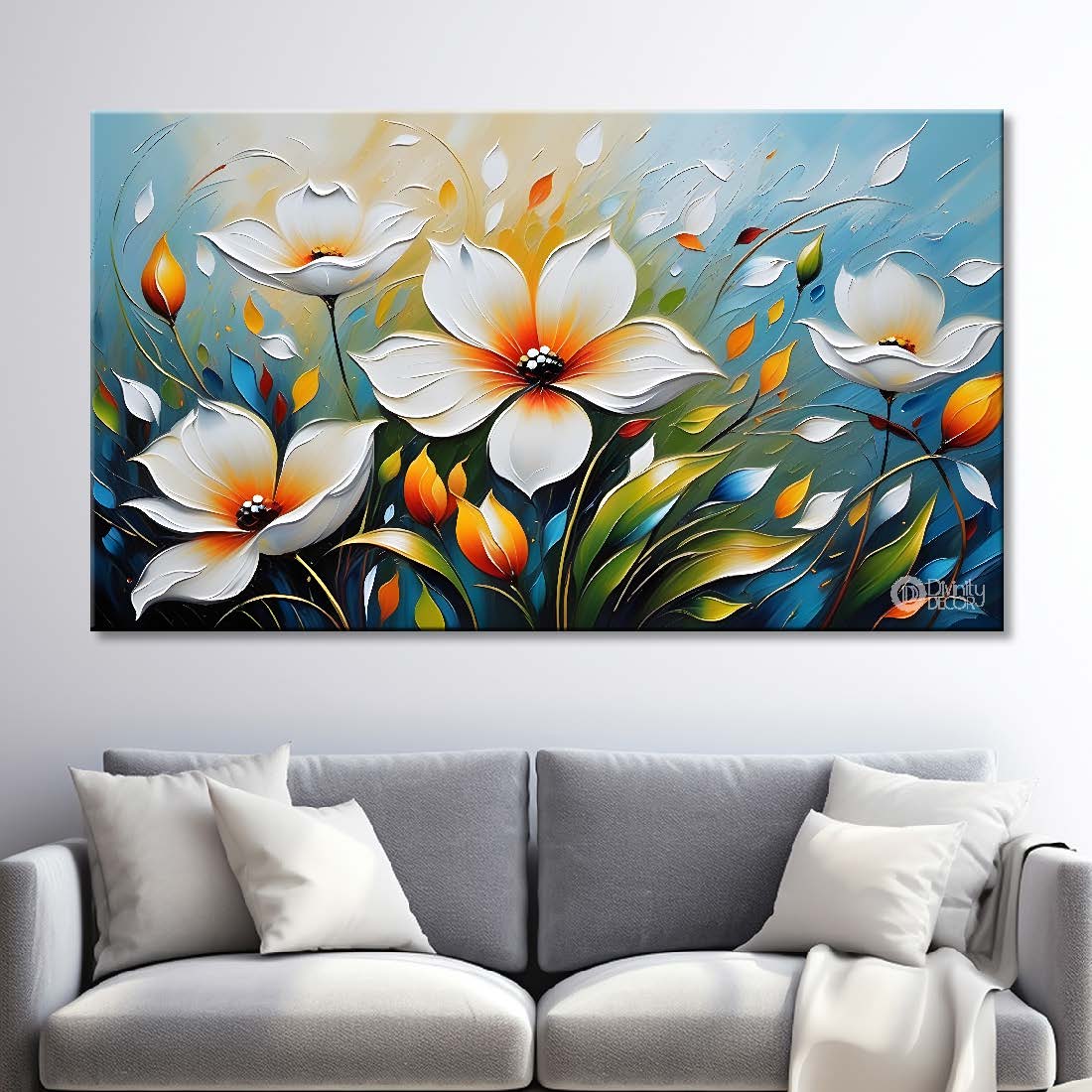White flowers in blue background canvas painting- Flower-337