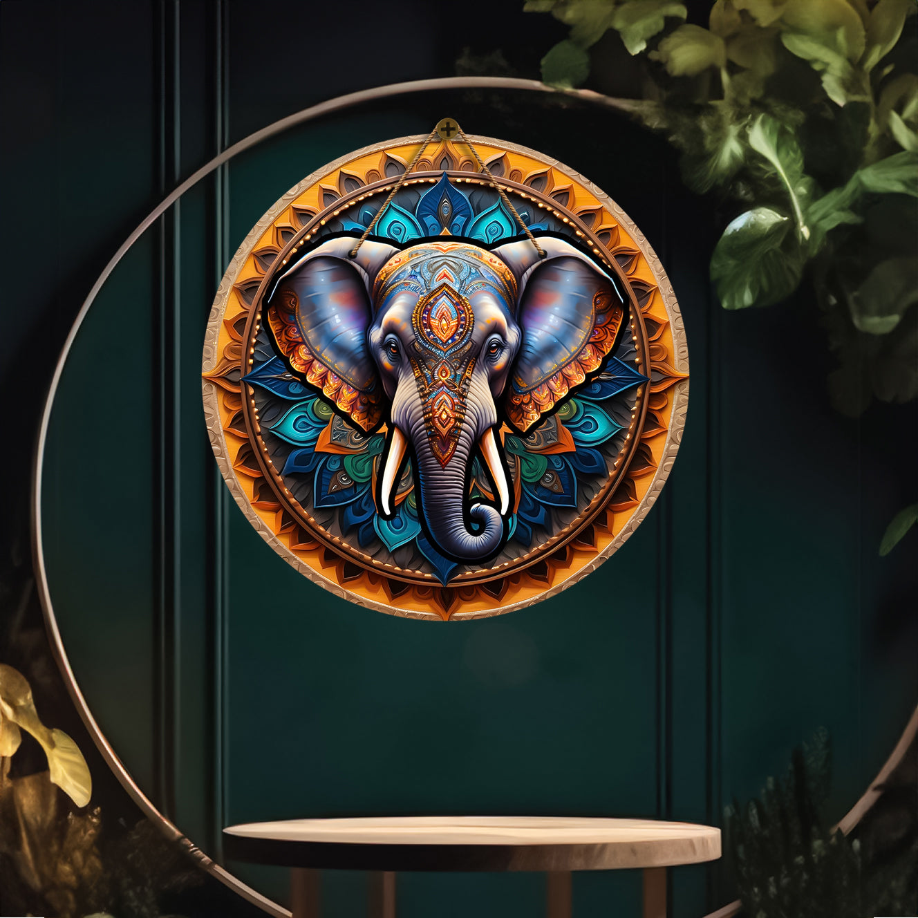 Elephant in blue and yellow mandala Round Wooden Wall Hanging for wall Décor - Design - 337