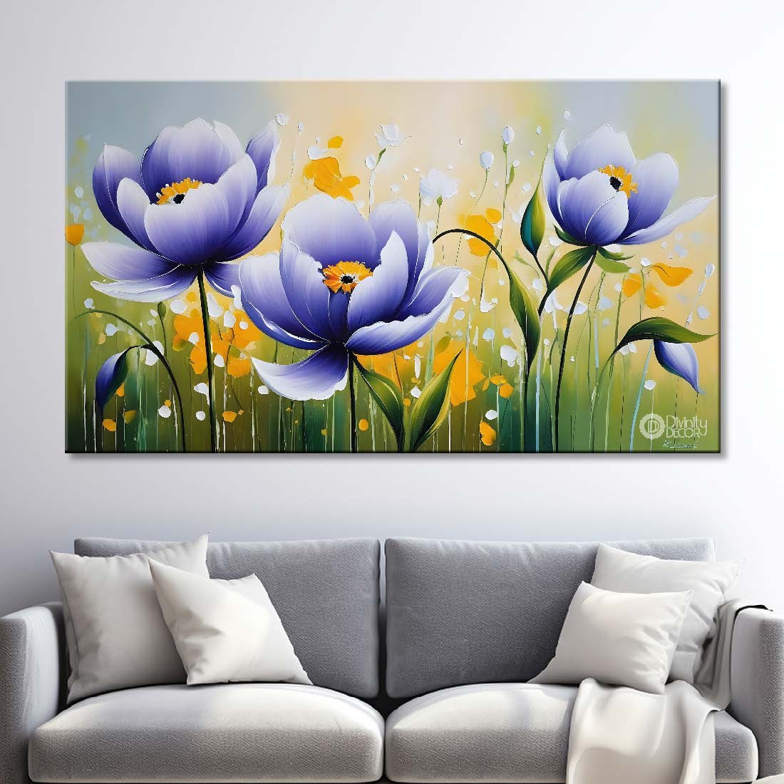 Purple flowers in grey background canvas painting- Flower-338