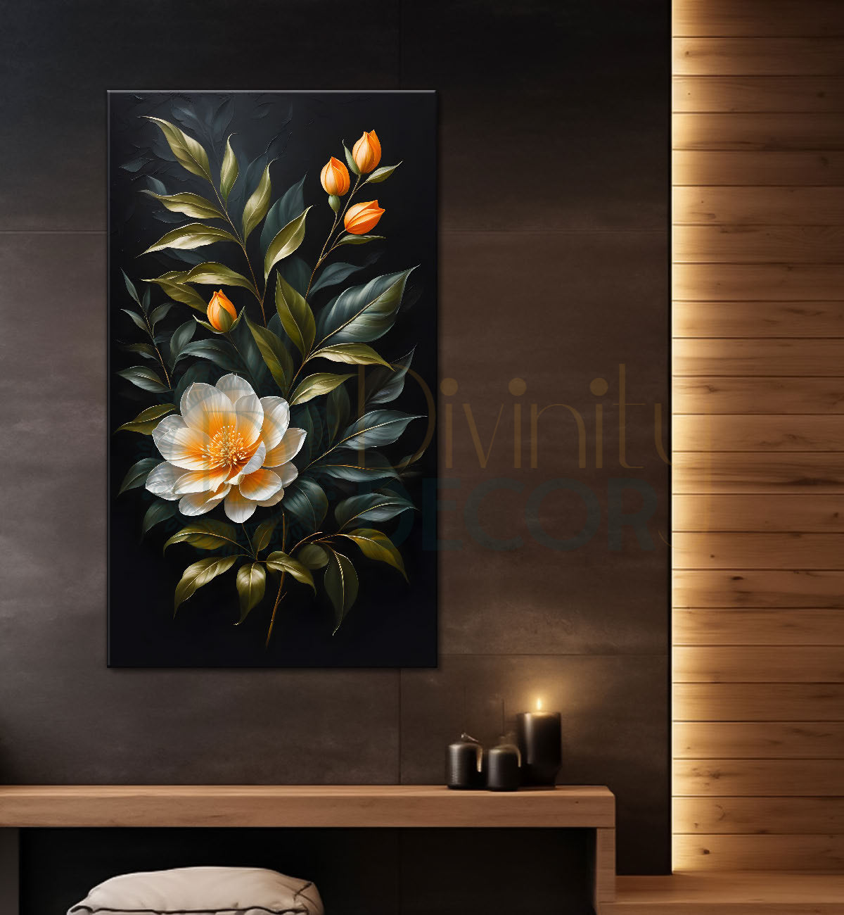 White flower in dark textured background painting- Flower-V-338
