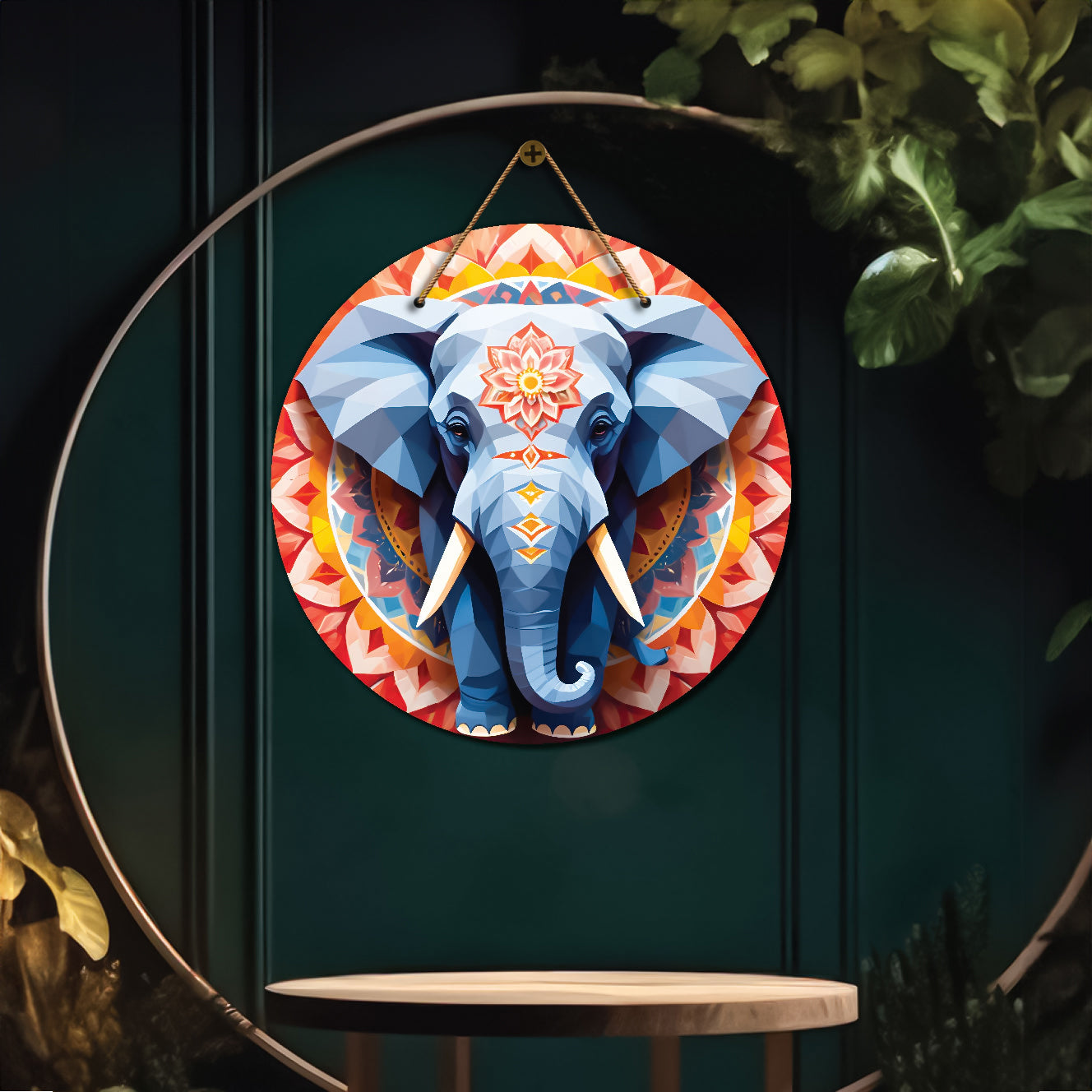 Elephant in grey and orange mandala Round Wooden Wall Hanging for wall Décor - Design - 338