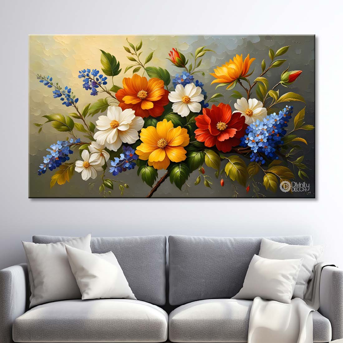 Colorful flowers in golden background canvas painting- Flower-339