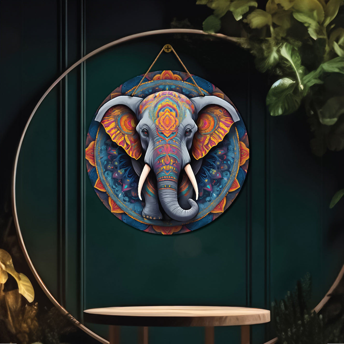 Elephant in grey and orange mandala Round Wooden Wall Hanging for wall Décor - Design - 339