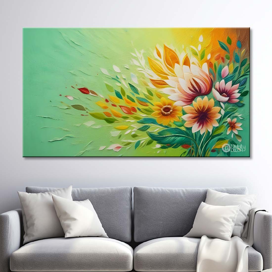 Yellow flowers in green background canvas painting- Flower-340