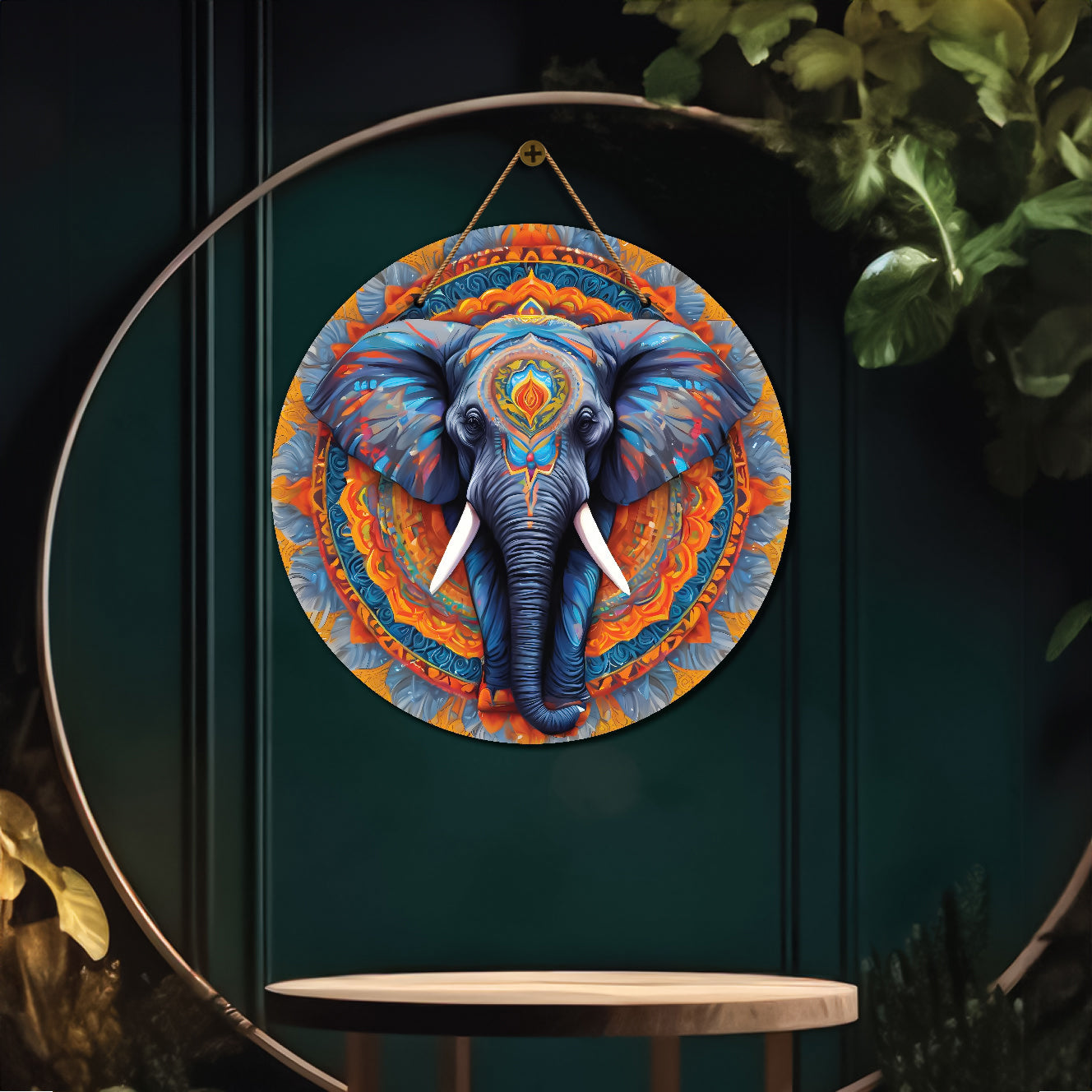 Elephant in grey and orange mandala Round Wooden Wall Hanging for wall Décor - Design - 340