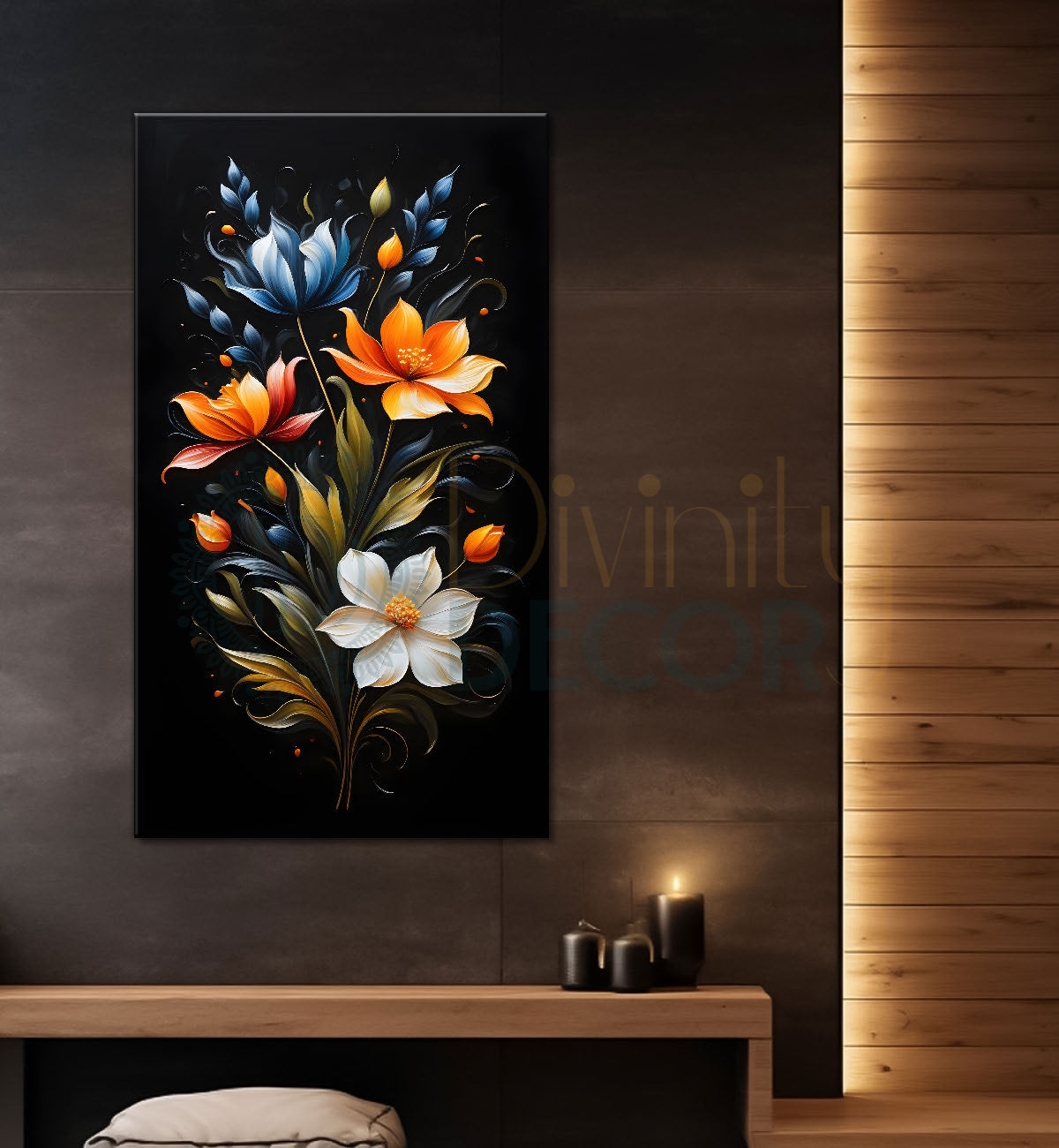 Orange and white flowers in dark textured background painting- Flower-V-340