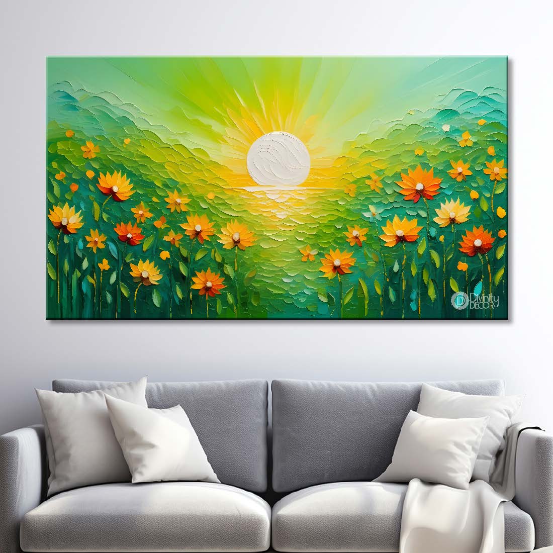 Yellow flowers in green background canvas painting- Flower-341
