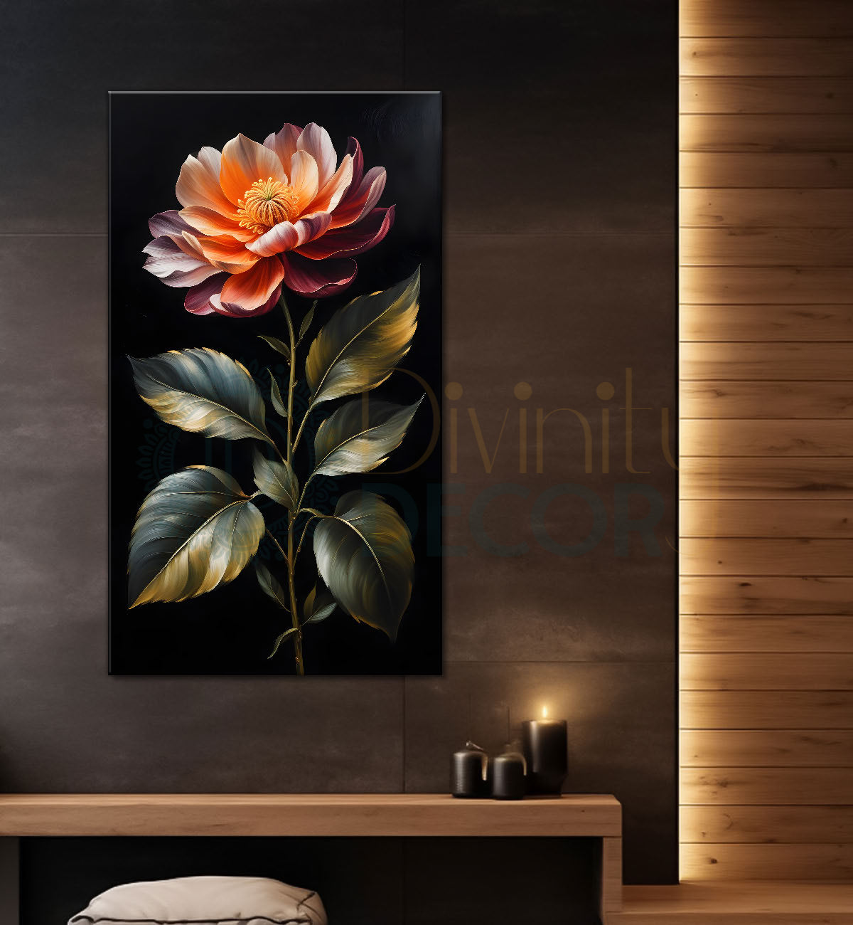 Pink flowers in dark textured painting- Flower-V-341