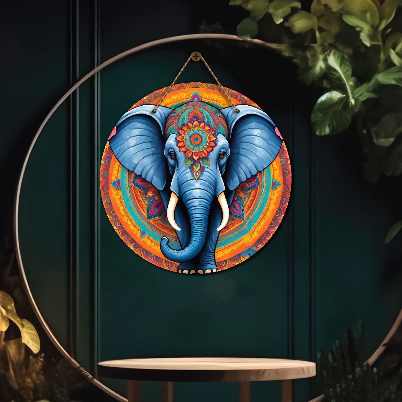 Elephant in blue and yellow mandala Round Wooden Wall Hanging for wall Décor - Design - 341