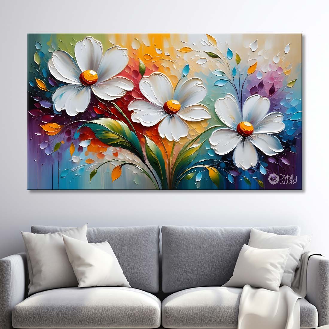 White flowers in colorful background canvas painting- Flower-342