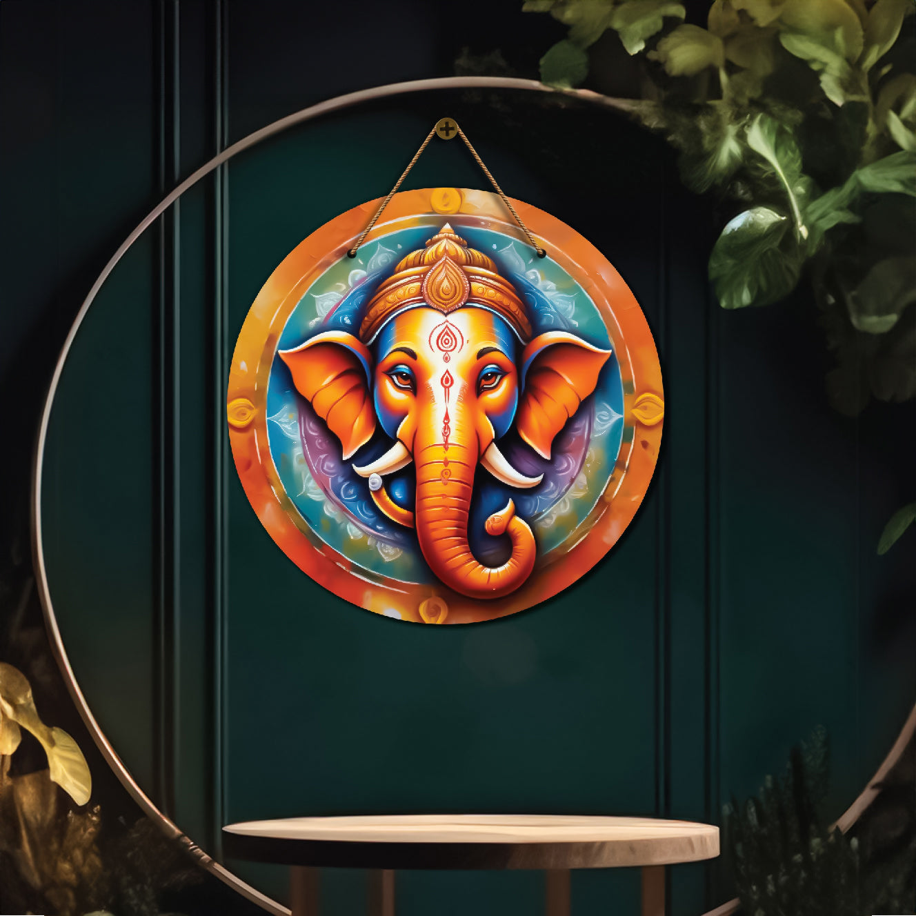 Ganesh Ji in blue and orange mandala Round Wooden Wall Hanging for wall Décor - Design - 342
