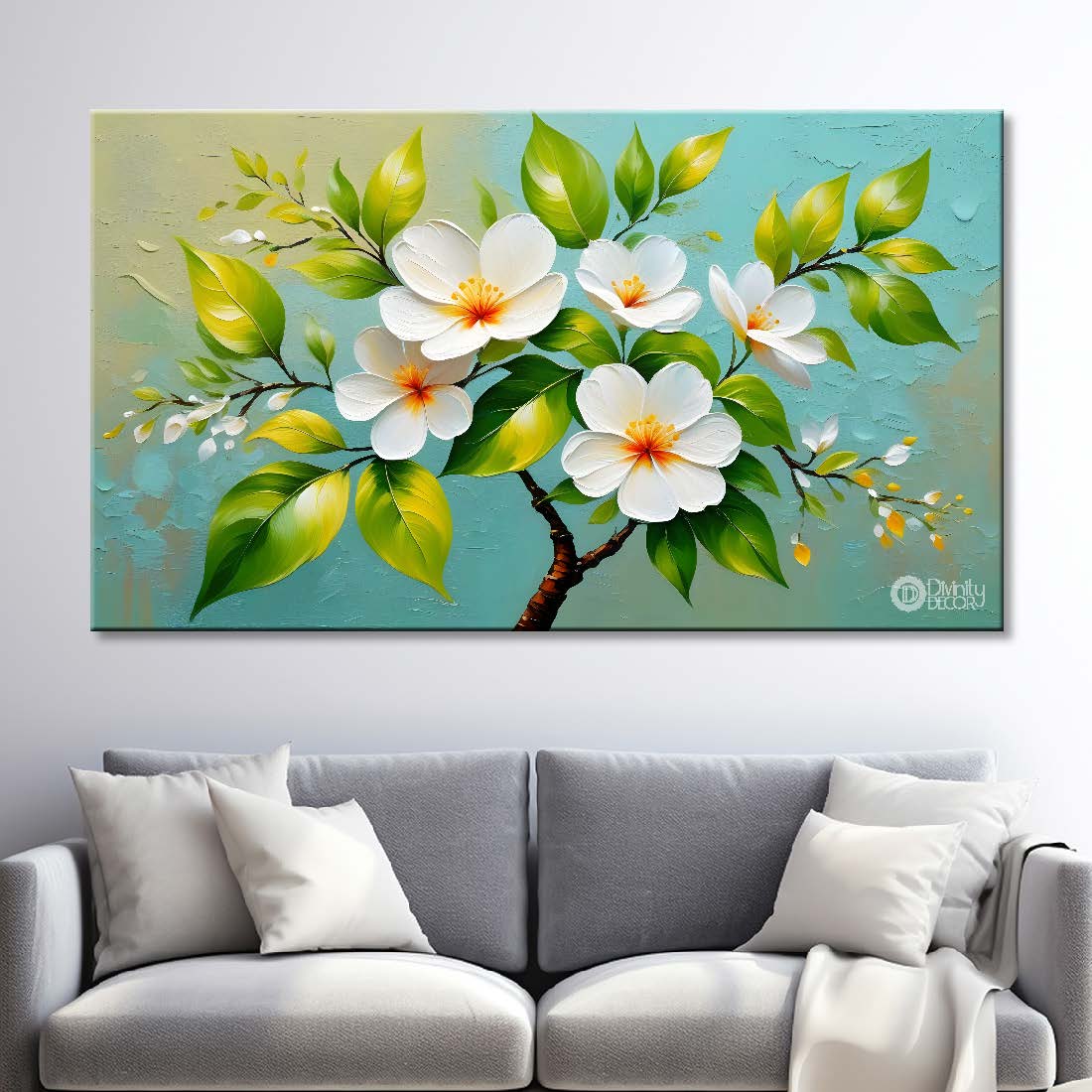 White flowers in green background canvas painting- Flower-343