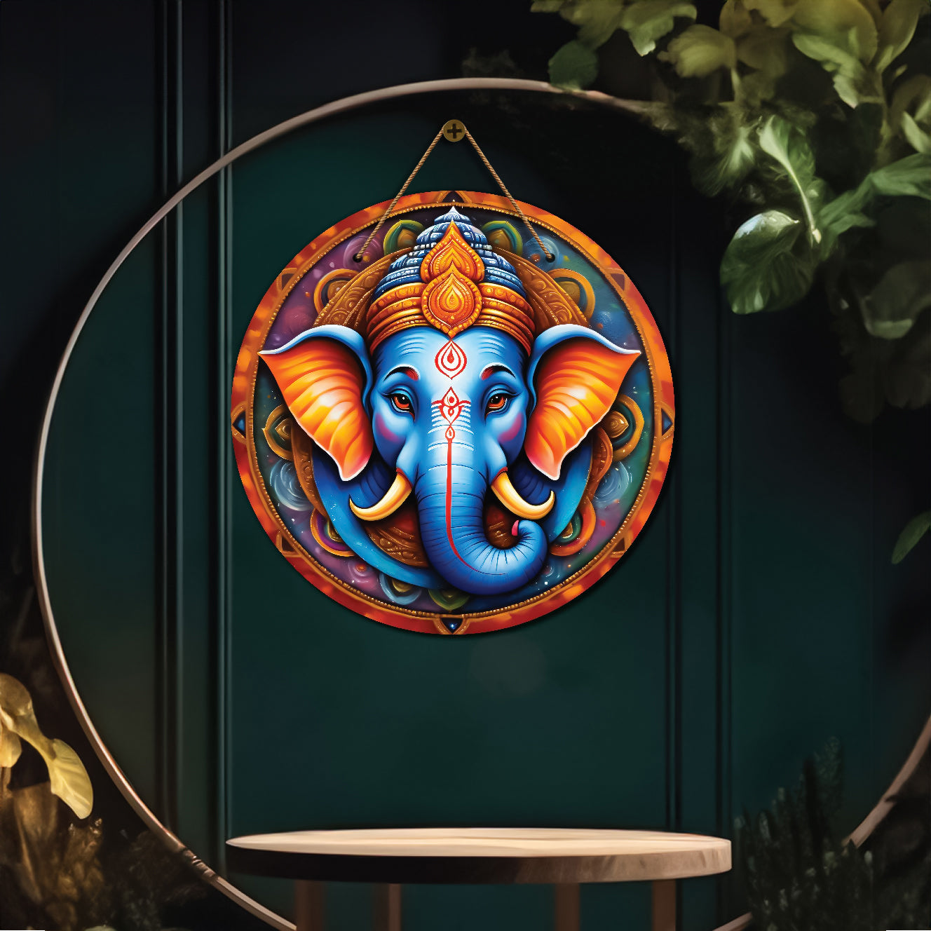 Ganesh Ji in blue and orange mandala Round Wooden Wall Hanging for wall Décor - Design - 343