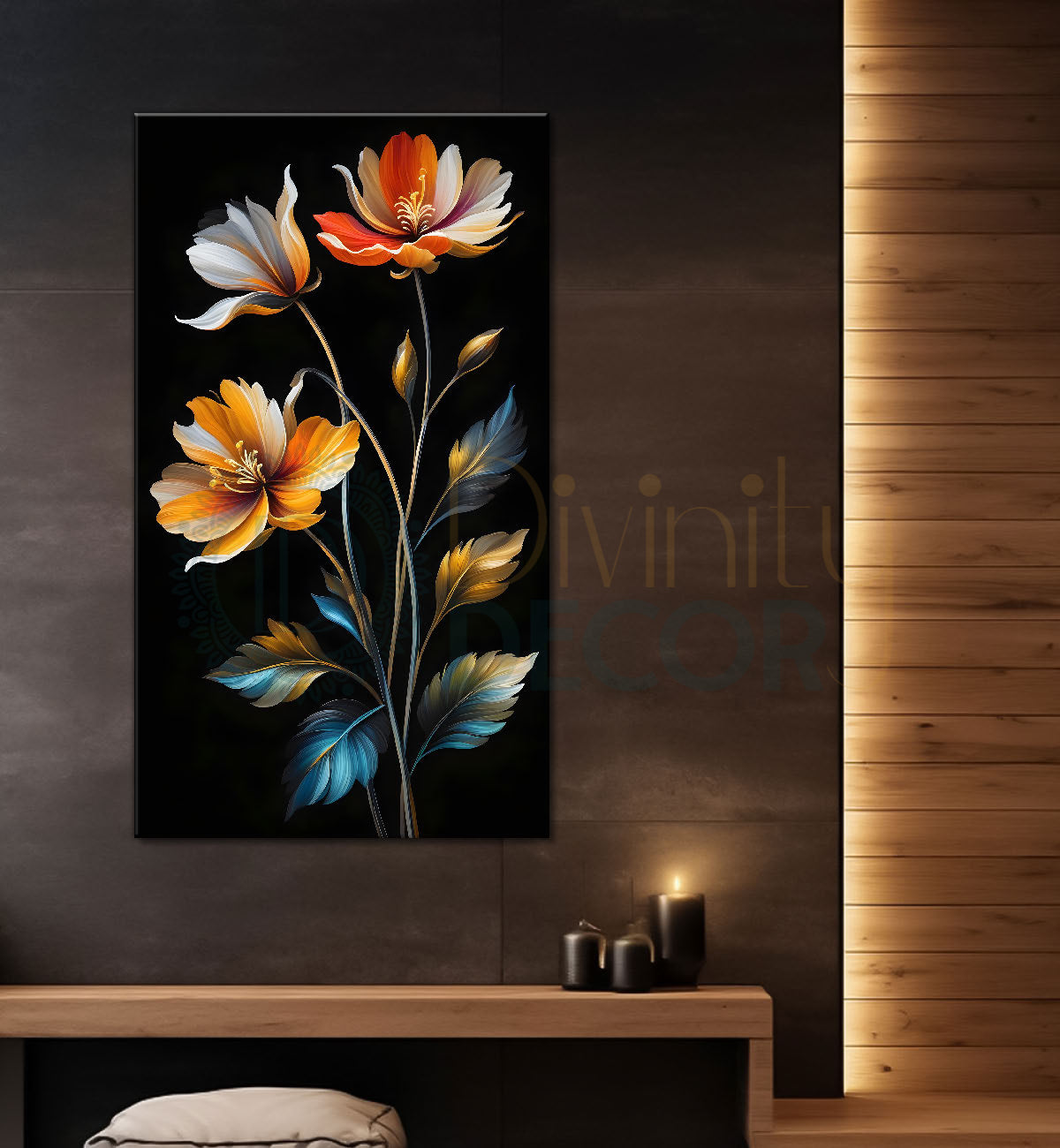 Colourful flowers in dark textured painting - Flower-V-343