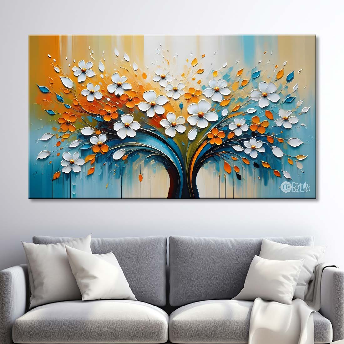 White flowers tree in colorful background canvas painting- Flower-344