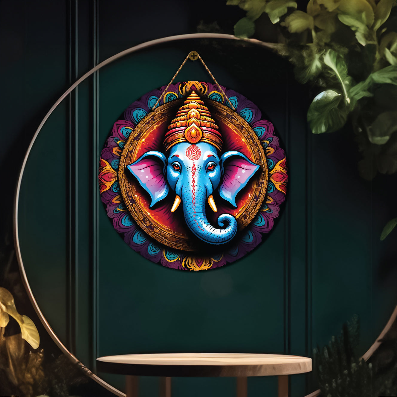 Ganesh Ji in blue and orange mandala Round Wooden Wall Hanging for wall Décor - Design - 344