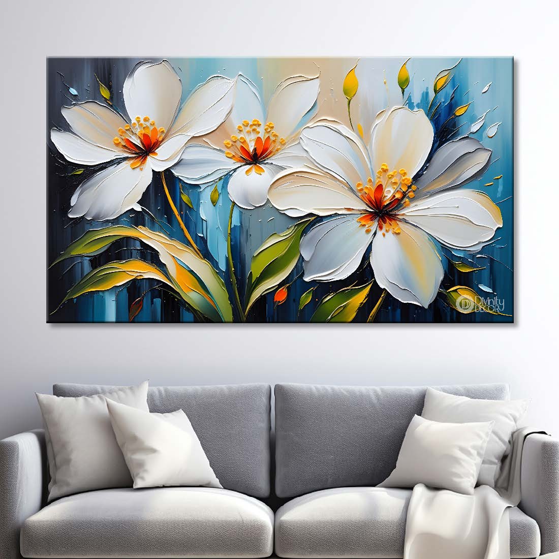 White flowers in blue background canvas painting- Flower-345