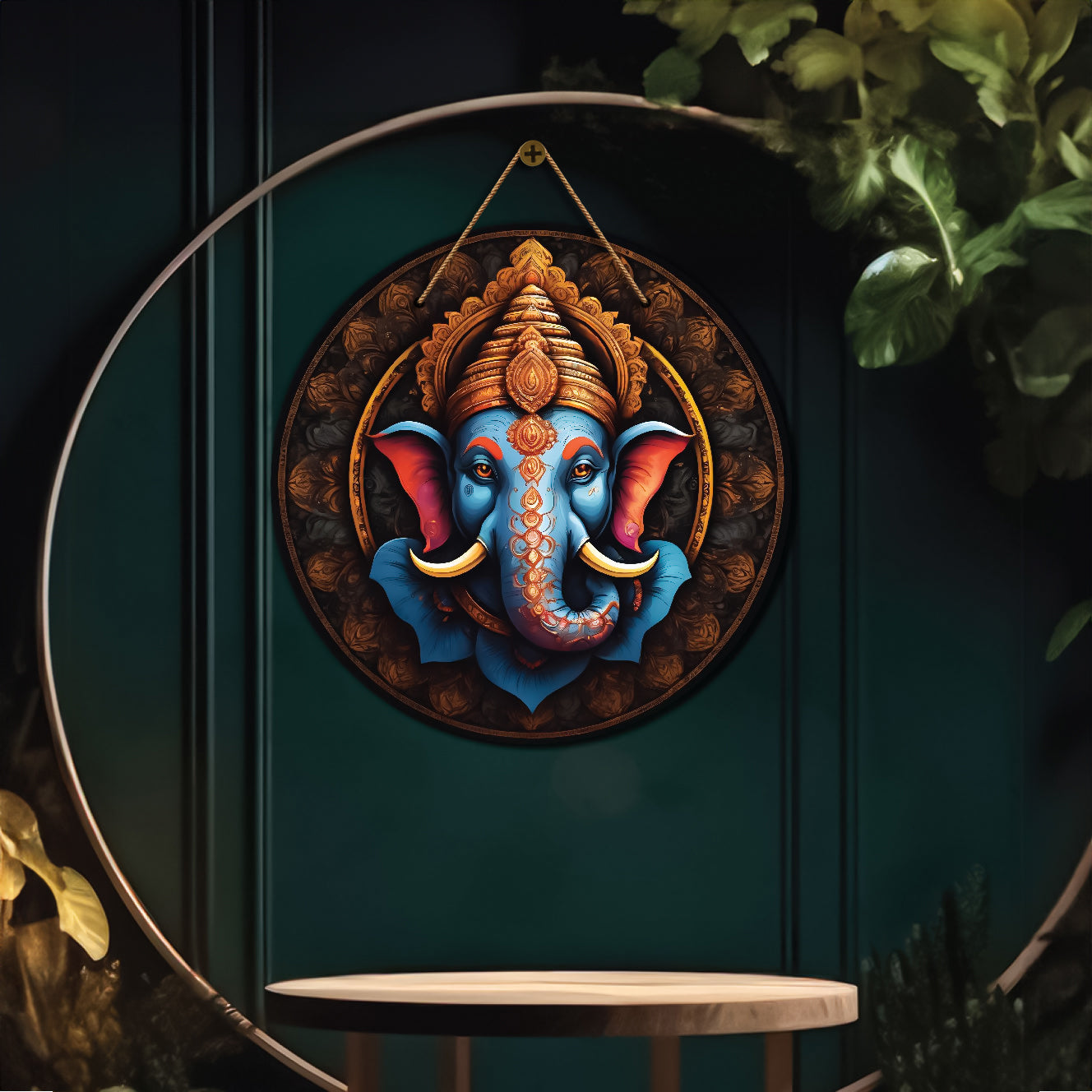 Ganesh Ji in blue and brown mandala Round Wooden Wall Hanging for wall Décor - Design - 345