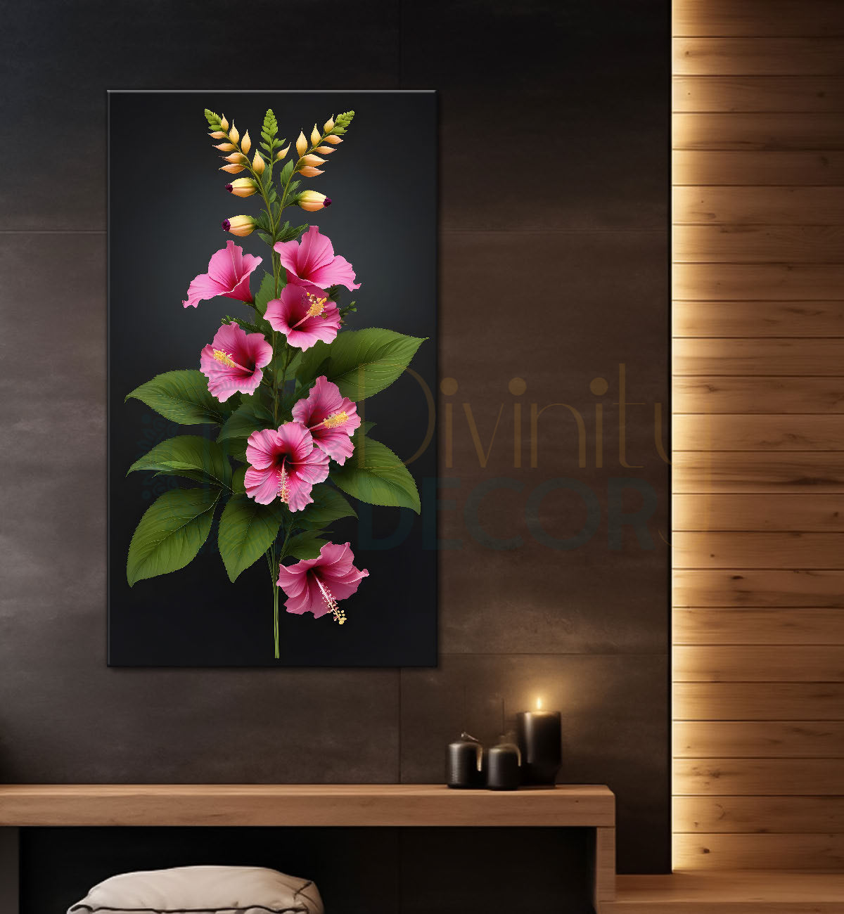 Pink flowers in dark textured painting - Flower-V-345
