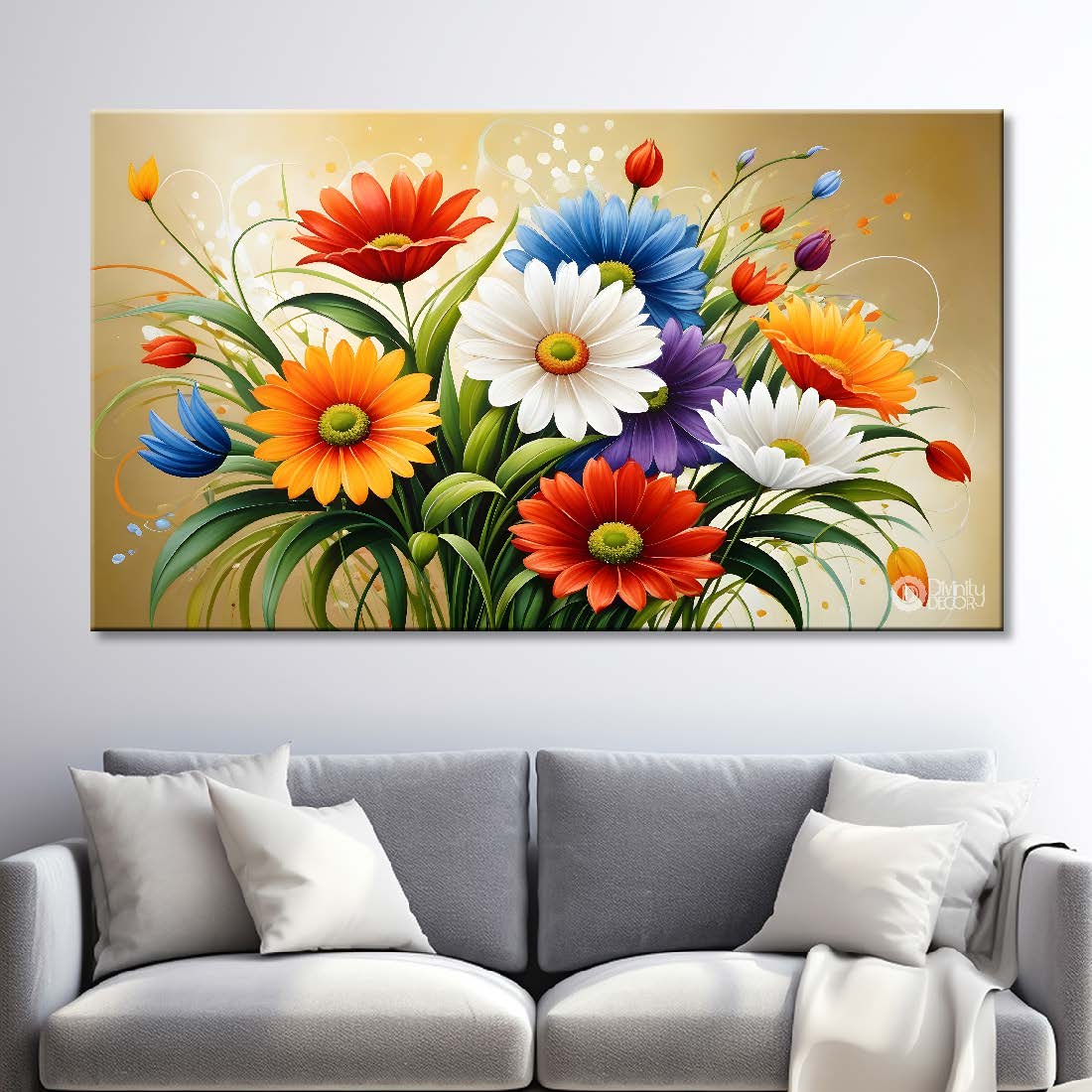 Colorful flowers in light background canvas painting- Flower-346
