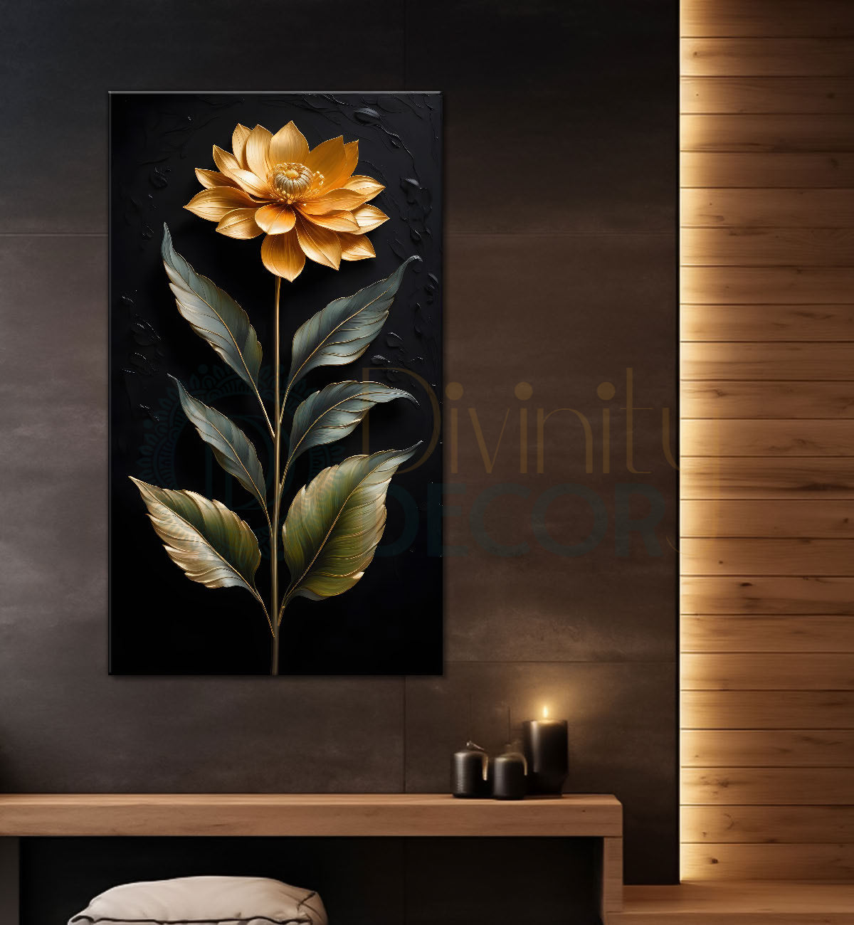Yellow flowers in dark textured painting- Flower-V-346