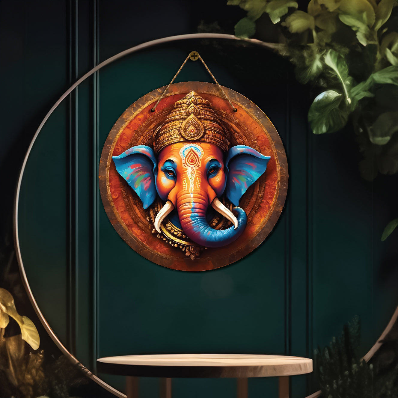 Ganesh Ji in blue and brown mandala Round Wooden Wall Hanging for wall Décor - Design - 346