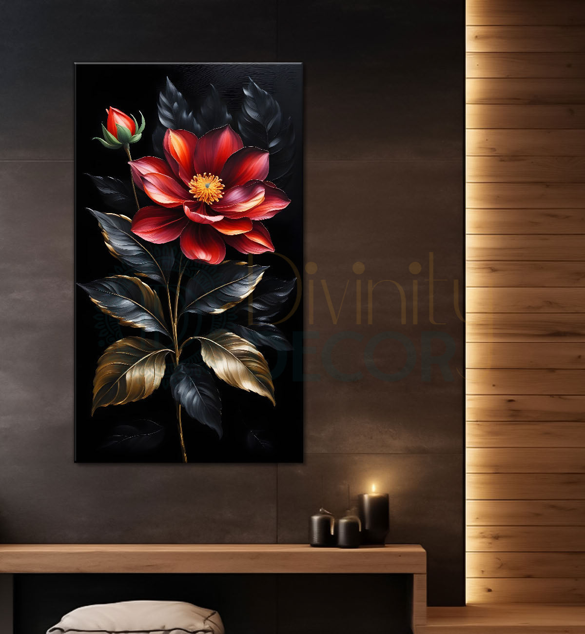 Pink flowers in dark textured painting- Flower-V-347