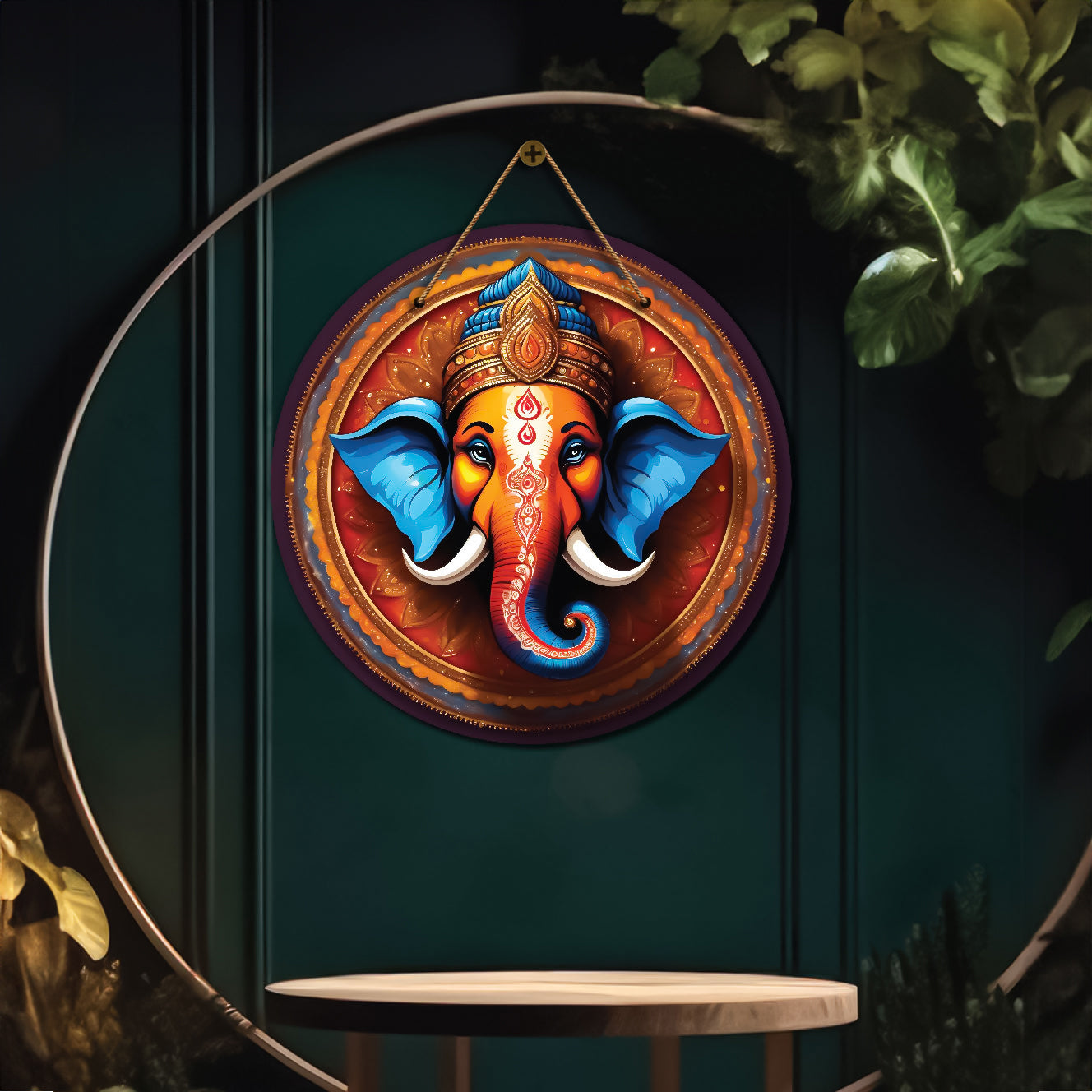 Ganesh Ji in blue and brown mandala Round Wooden Wall Hanging for wall Décor - Design - 347