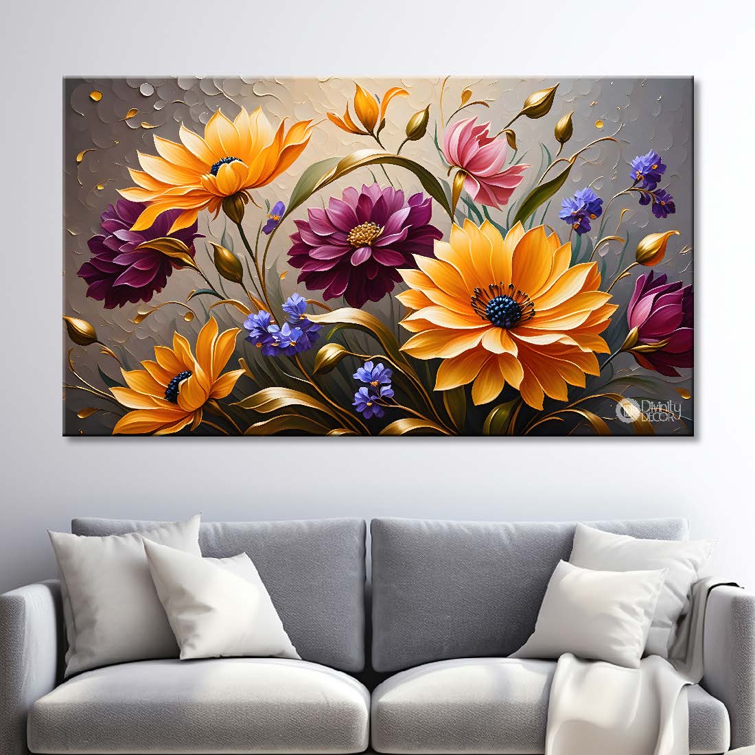 Yellow flowers in light background canvas painting- Flower-348