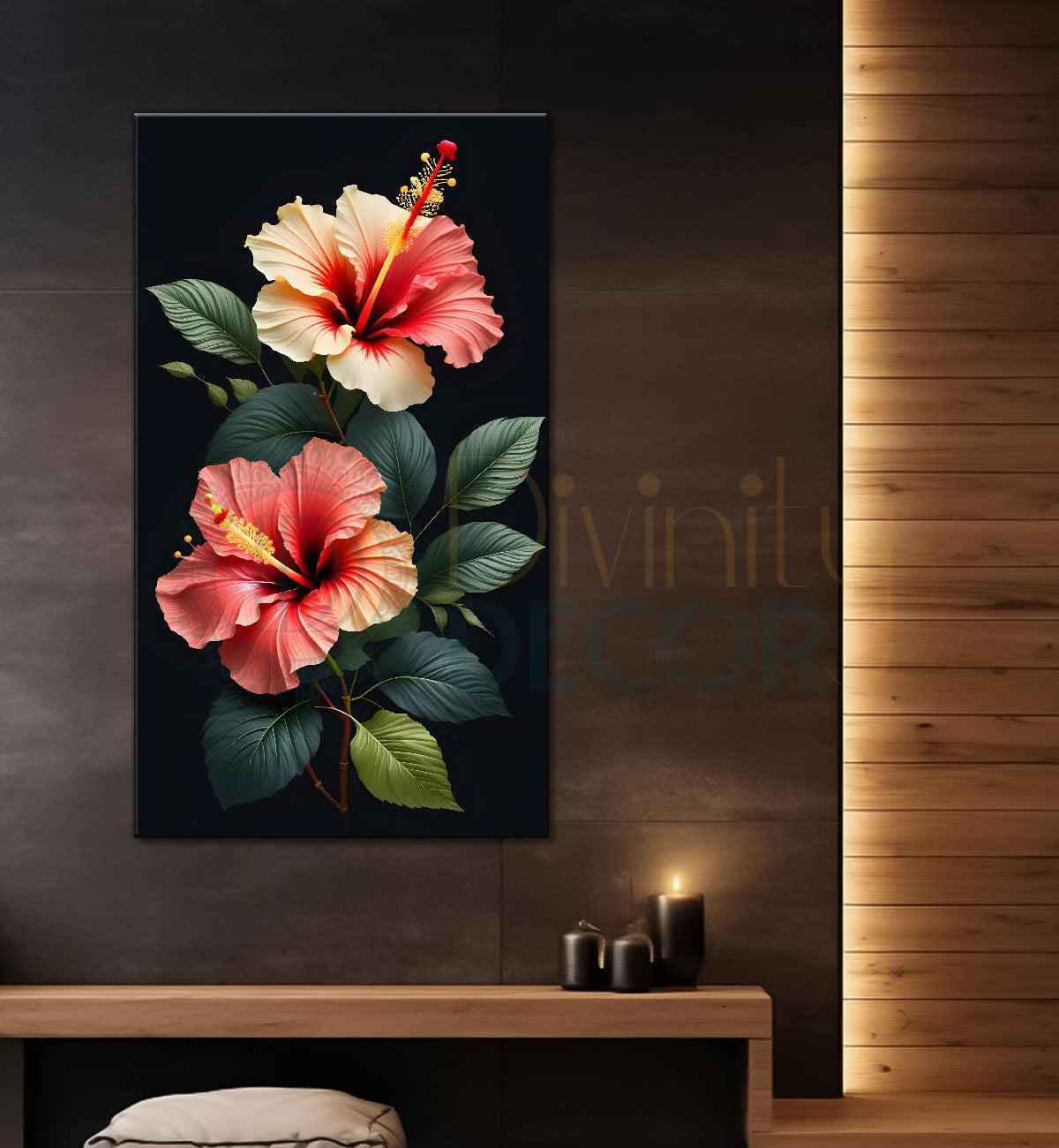 Pink hibiscus flowers in dark textured painting- Flower-V-348