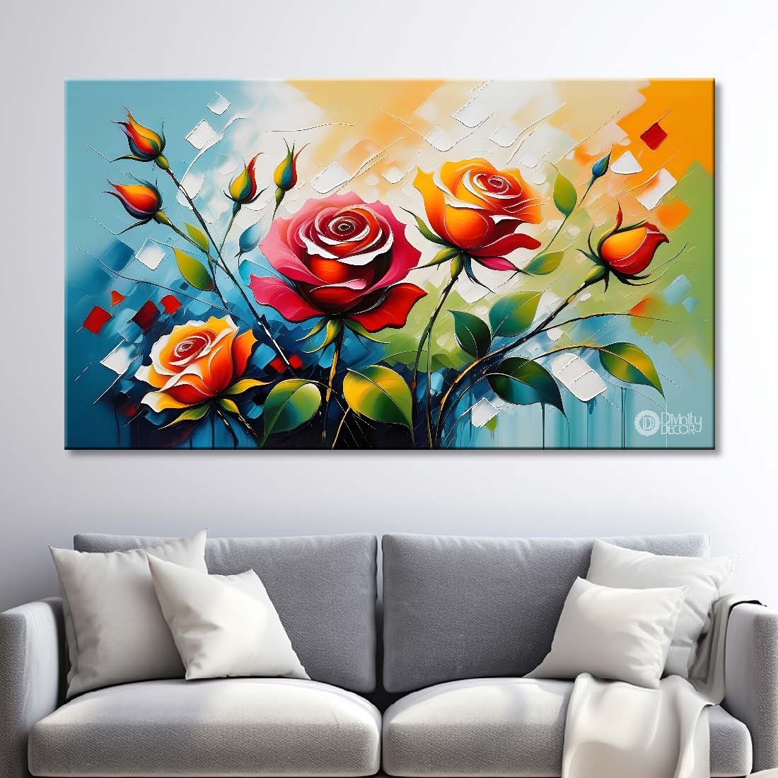 Colorful flowers in blue background canvas painting- Flower-349